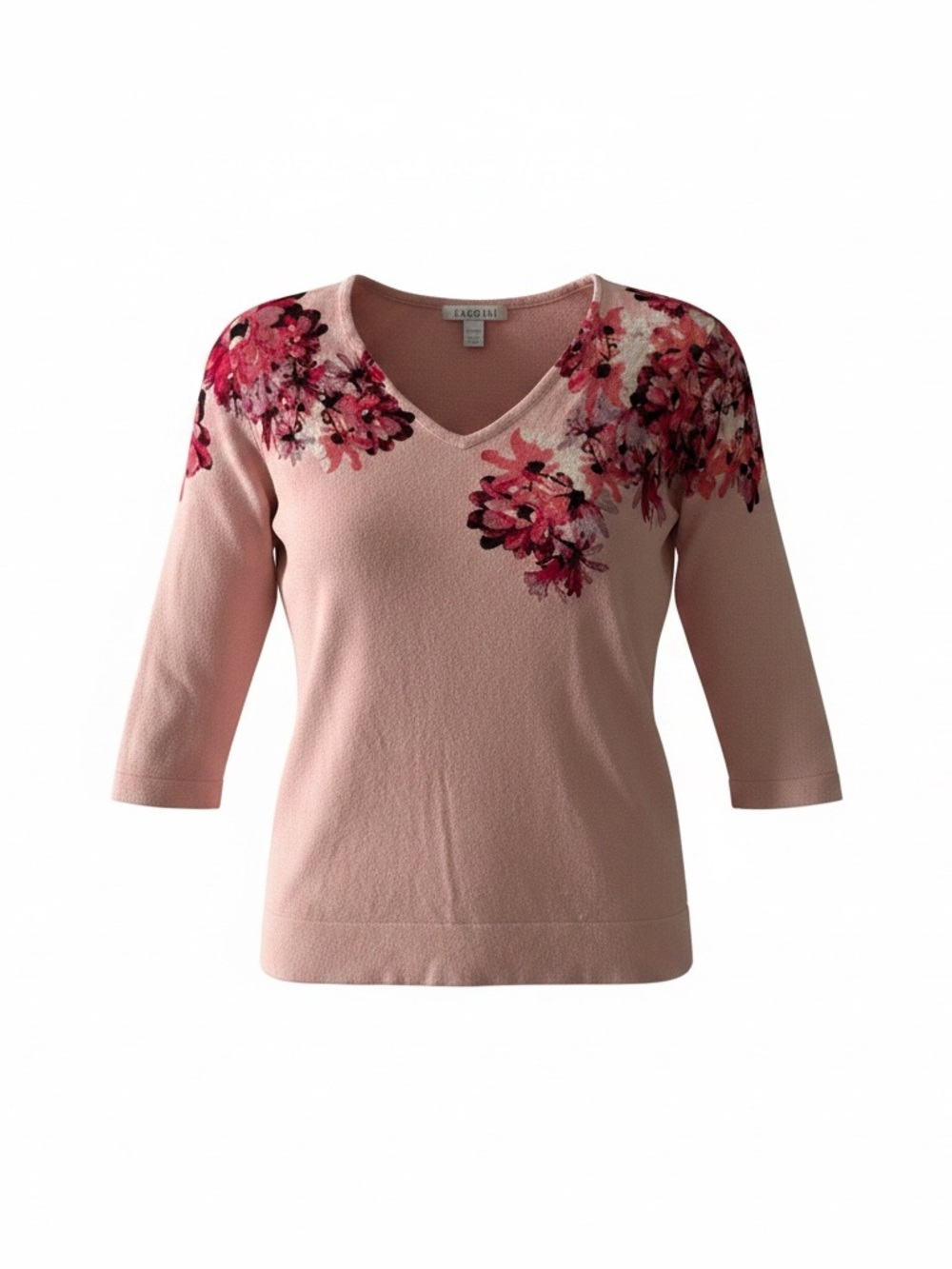 Roz & Ali Pink V-Neck Sweater with Floral Shoulder Detail